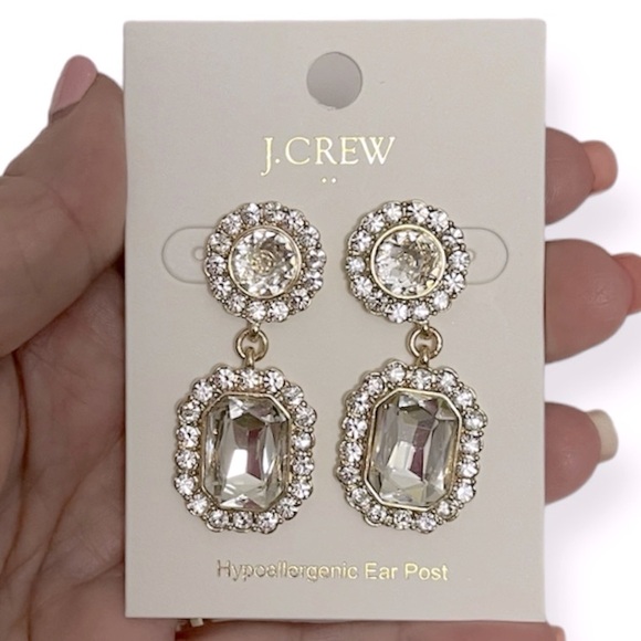 J. CREW Crystal Drop Earrings Gold Plated Emerald Cut Crystal Pierced Push Back - Picture 3 of 6